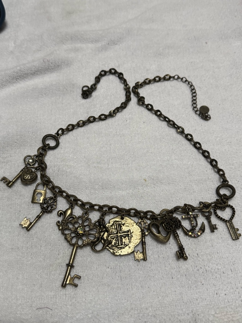 Antique Brass Key Charm Necklace - Mixed Charms Pirate